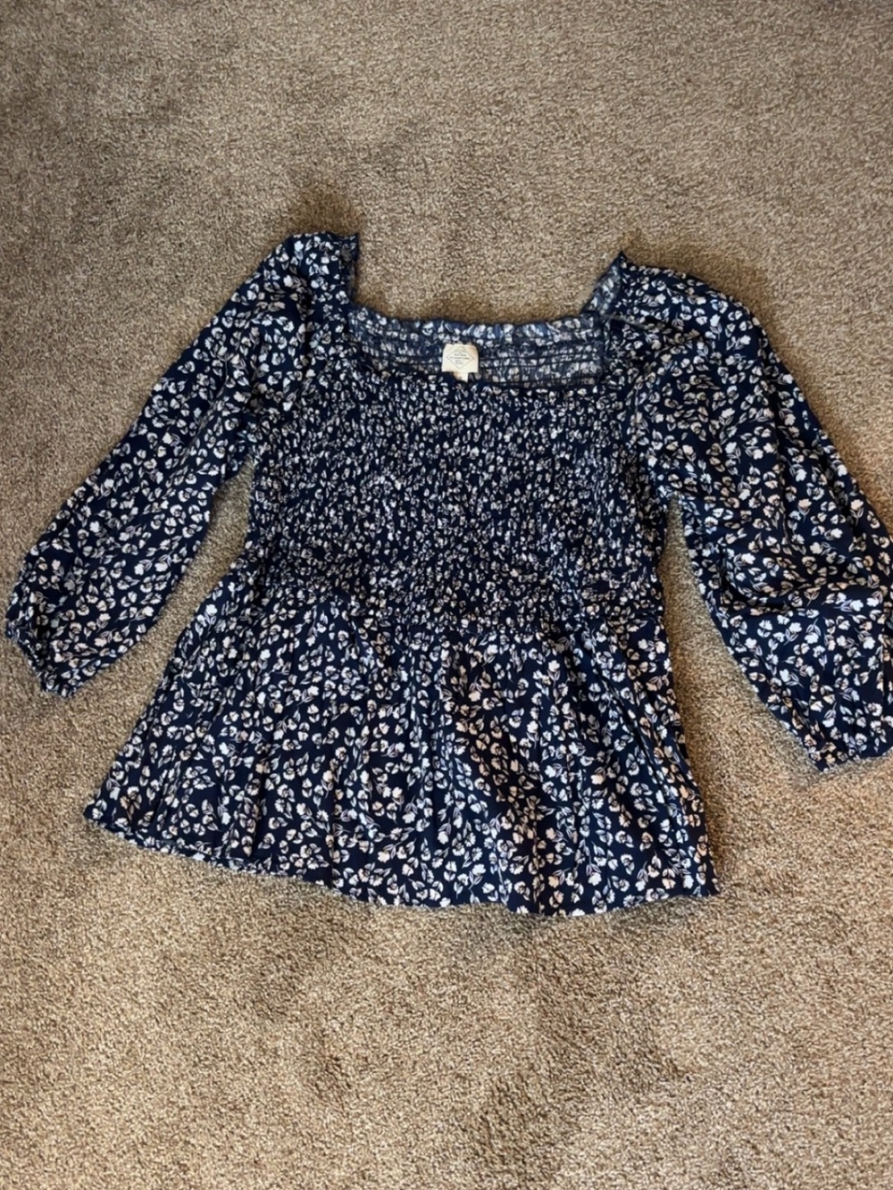 St. John's Bay Navy Blue Floral Smocked Peasant Top